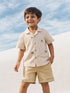 Beige Stripe Shirt & Shorts Boys Set with Palm Embroidery