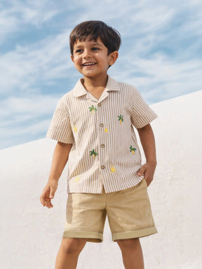 Beige Stripe Shirt & Shorts Boys Set with Palm Embroidery
