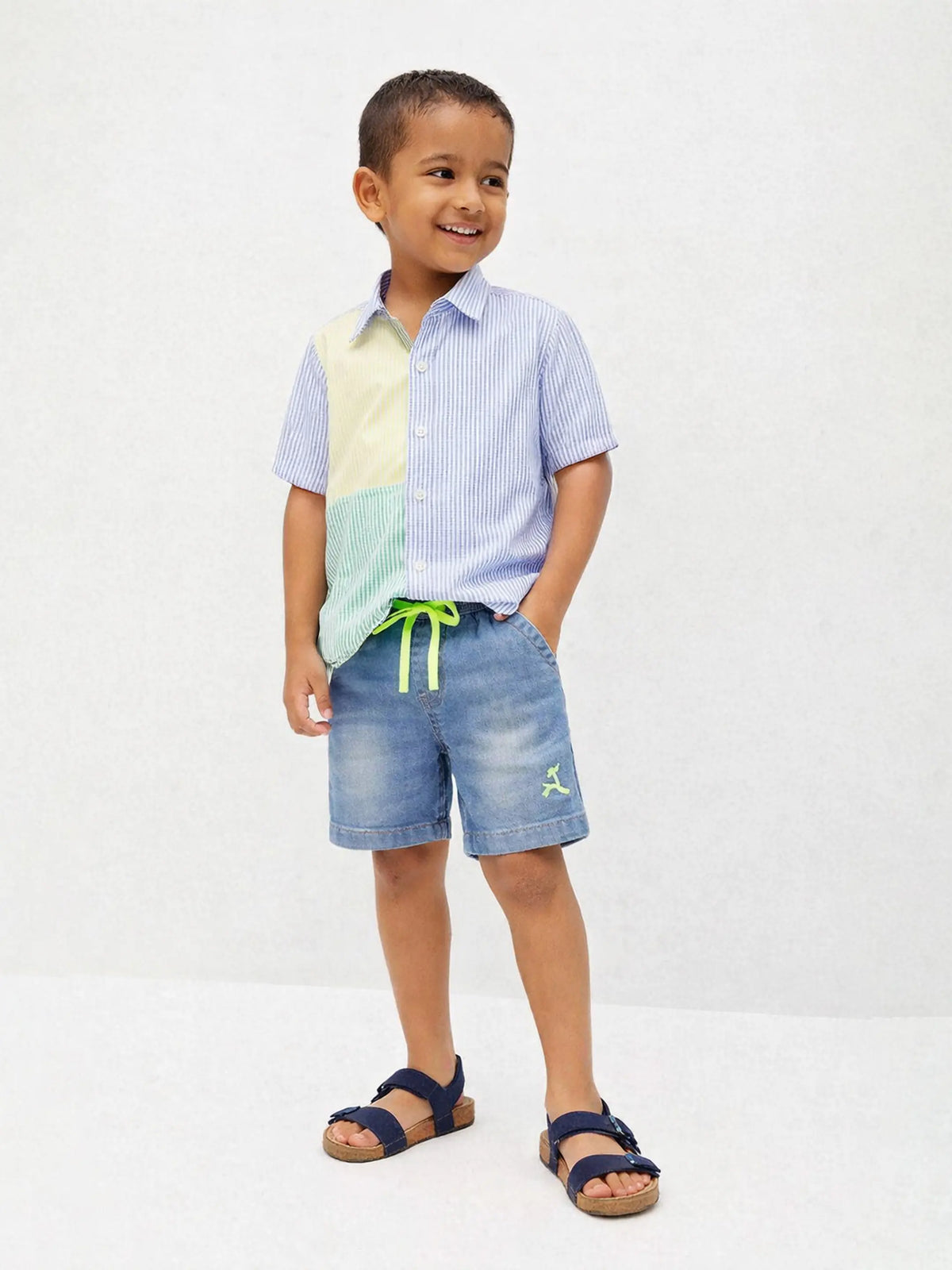 Colorblock Stripe Shirt & Denim Shorts Set