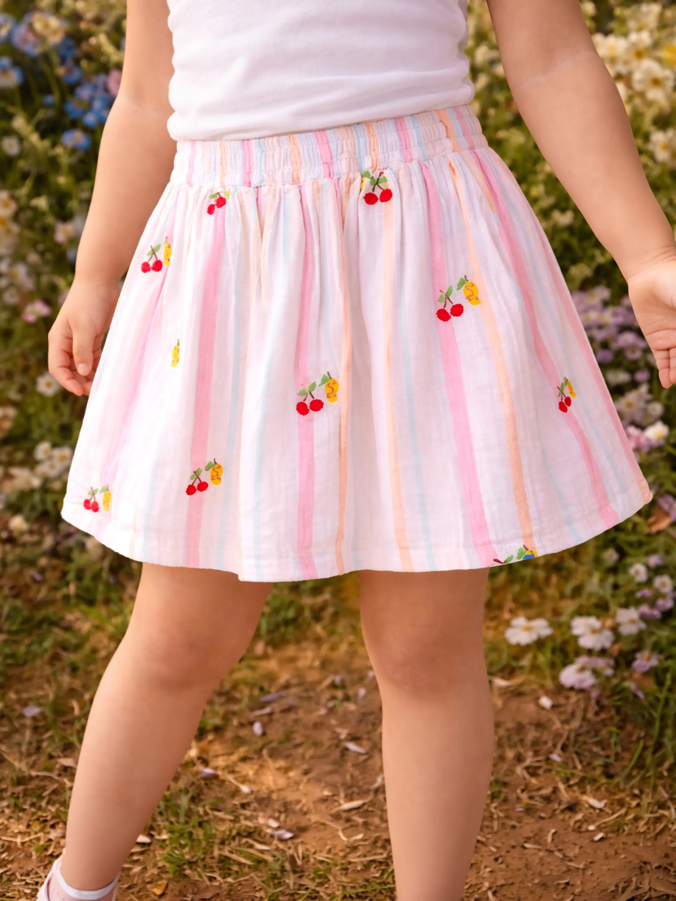 Cherry Print Pastel Stripe Skirt