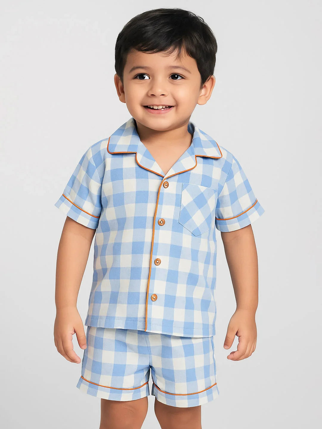 Ocean Gingham Cotton Shirt & Shorts Pyjama Set