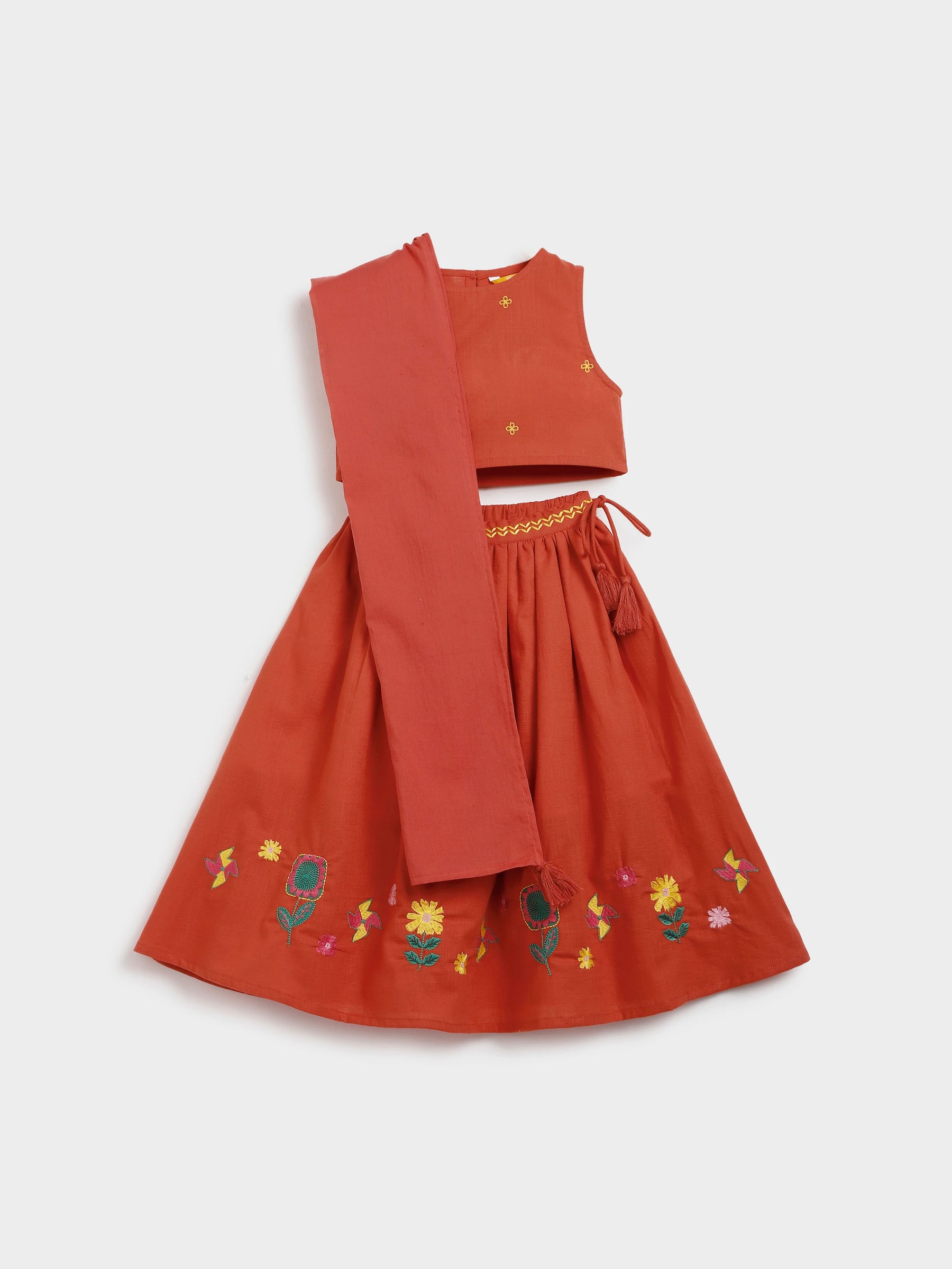 Red Embroidered Skirt Top Dupatta Set