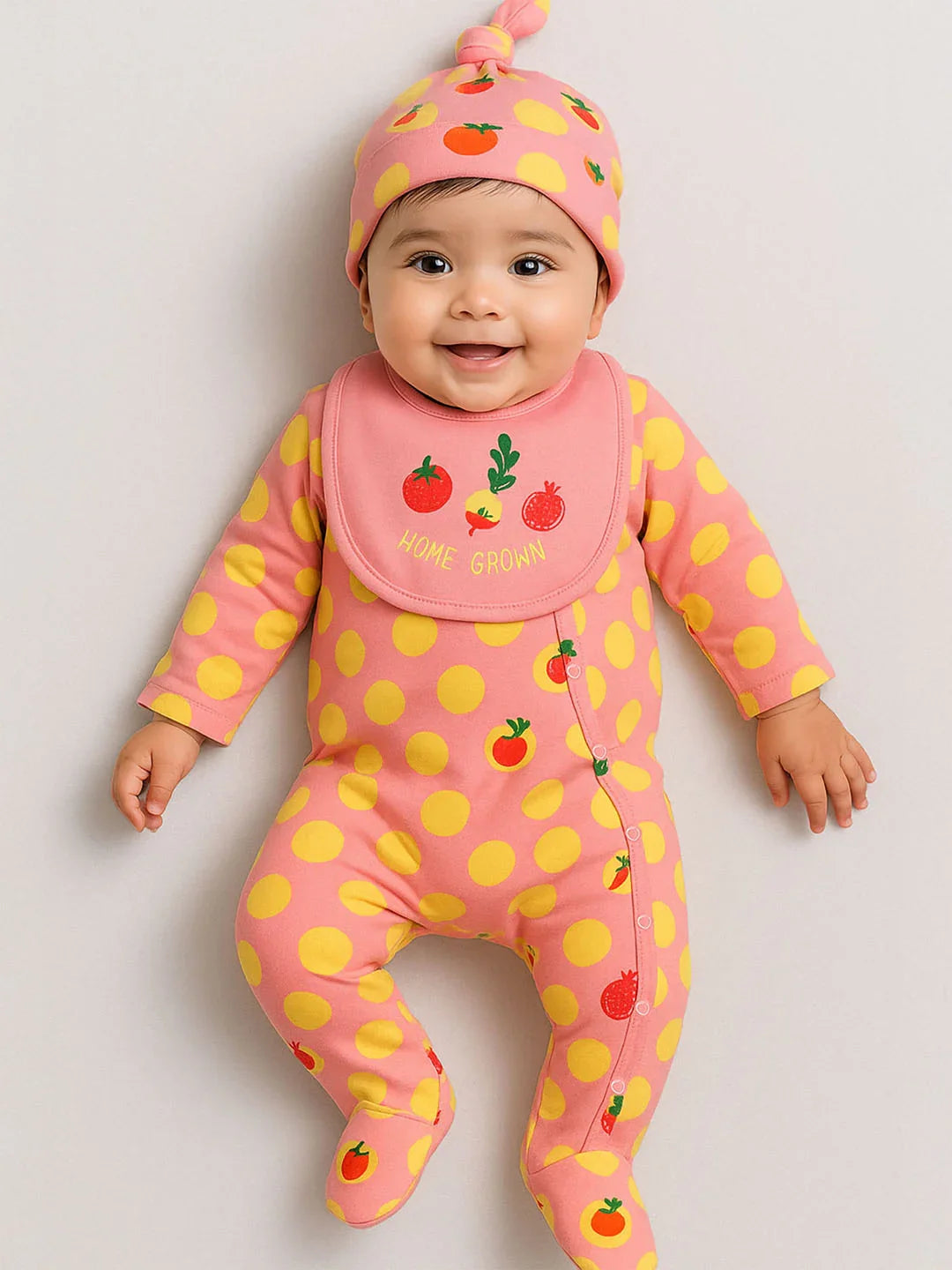 Home Grown Footed Cotton Sleepsuit with Cap & Bib- Pink