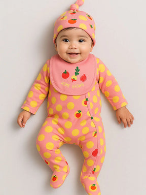 Home Grown Footed Cotton Sleepsuit with Cap & Bib- Pink