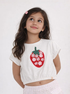 Strawberry Floral Embroidery T-Shirt for Girls