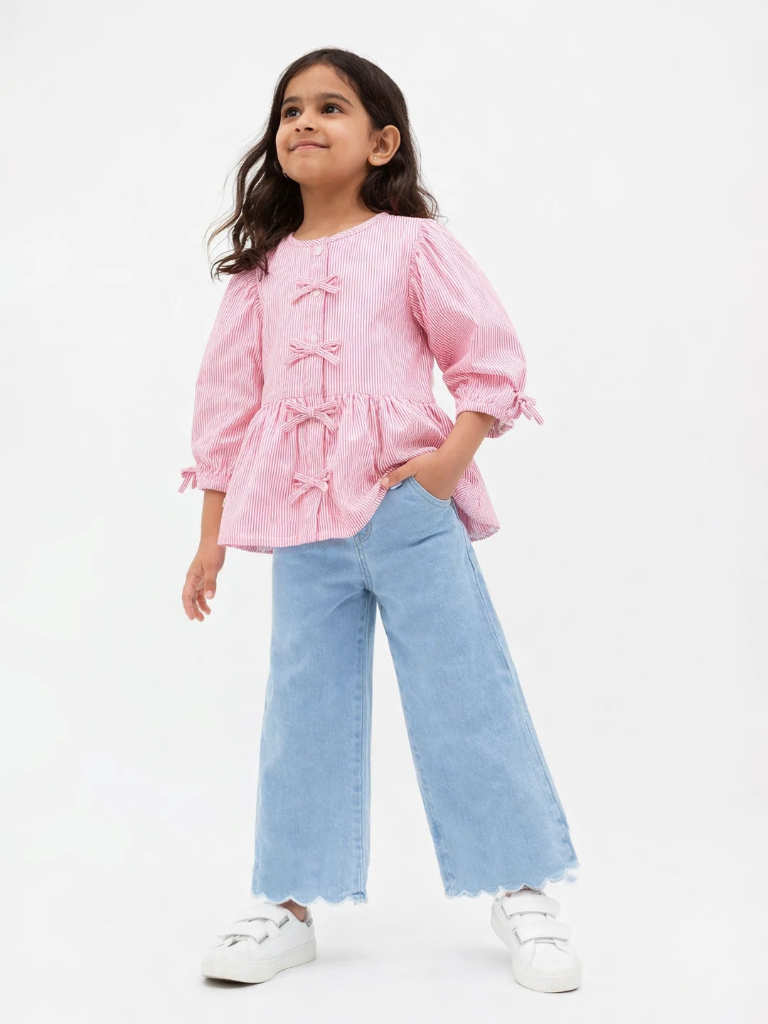 Bow Detail Top & Scallop Denim Set