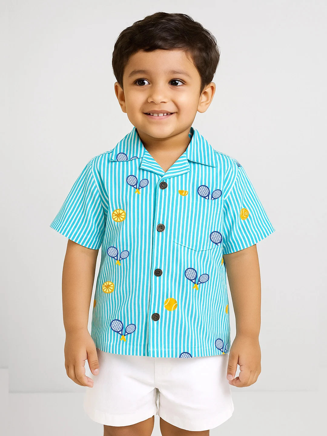 Boys Sky Blue Striped Tennis Print Shirt