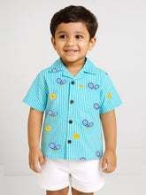 Boys Sky Blue Striped Tennis Print Shirt