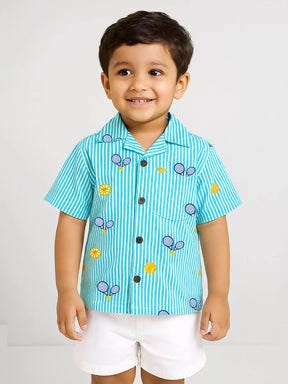 Boys Sky Blue Striped Tennis Print Shirt