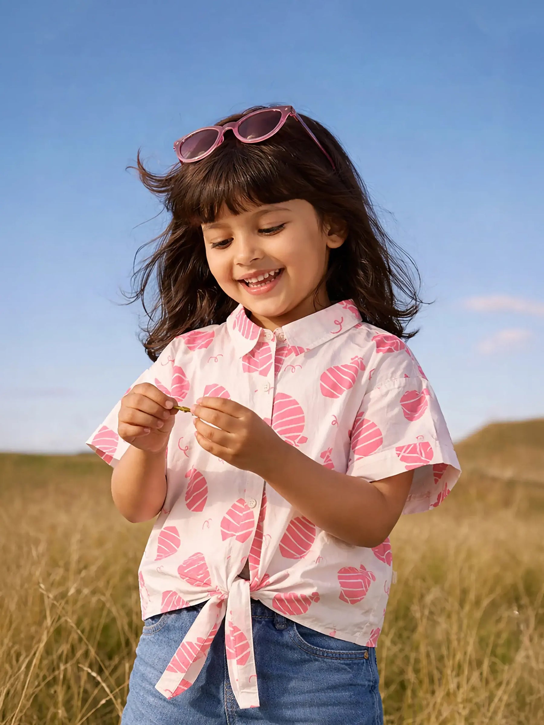 Blush Leaf Tie-Up Shirt for Girls