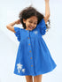 Blue Palm Embroidered Flutter Sleeve Dress