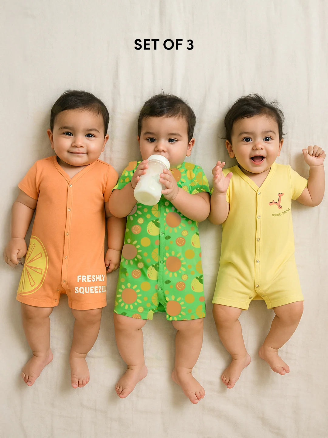 Freshly Squeezed Printed Cotton Romper- Pack of 3