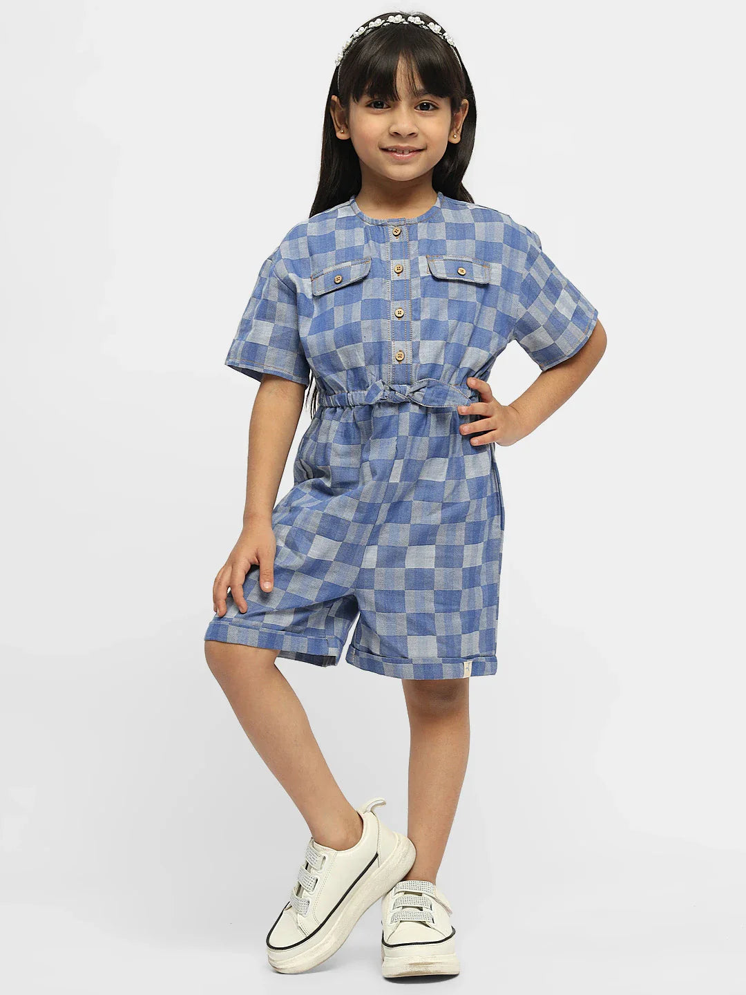Hop Hop Checked Cotton Denim Romper