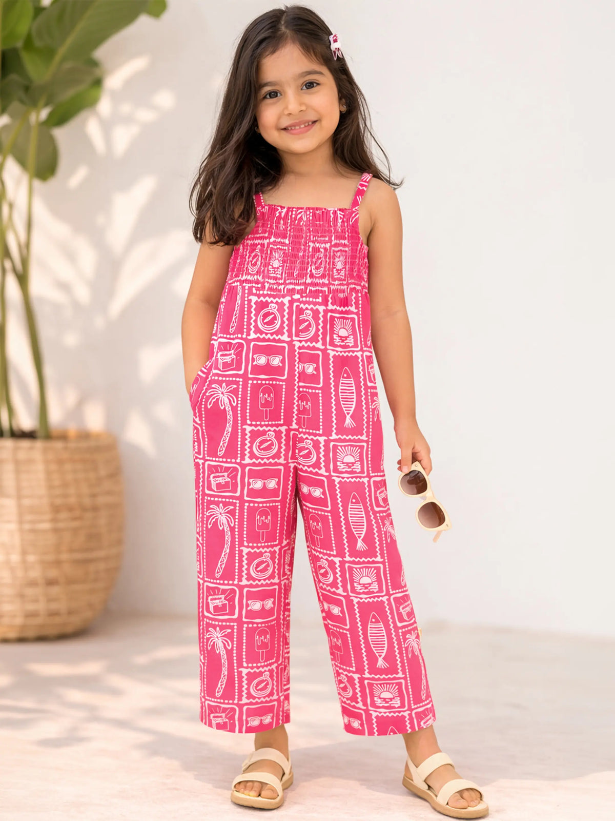 Girls’ Pink Printed Strap Jumpsuit