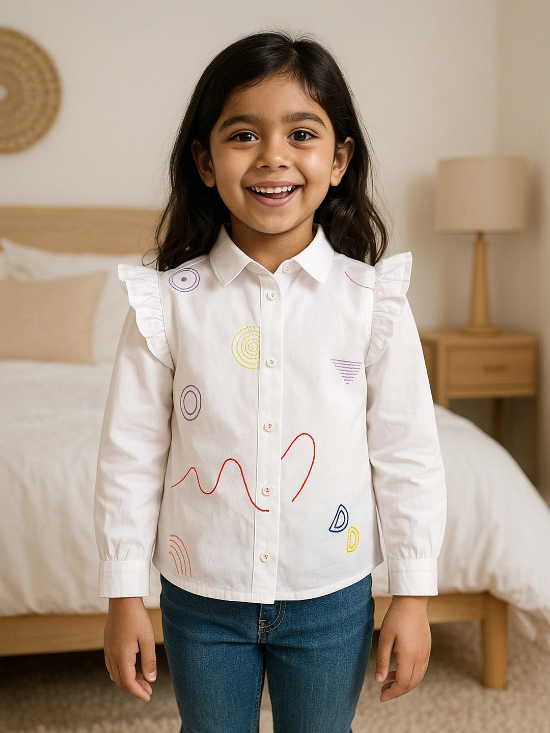 Ruffle Charm White Embroidered Cotton Shirt