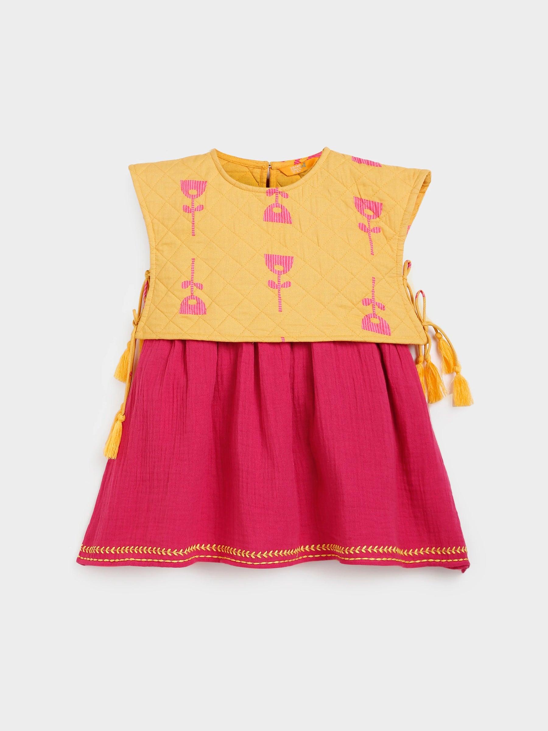 Solid Pink Dress with Quilted Yellow Jacket