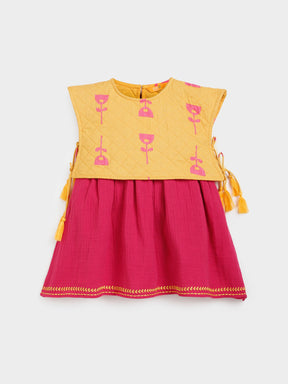 Solid Pink Dress with Quilted Yellow Jacket