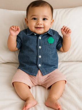 Happy Tree Cotton Shirt & Striped Shorts Set