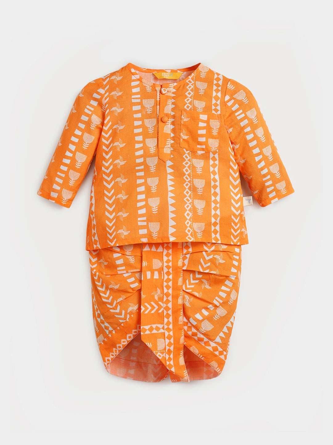 Orange Printed Kurta Dhoti Set
