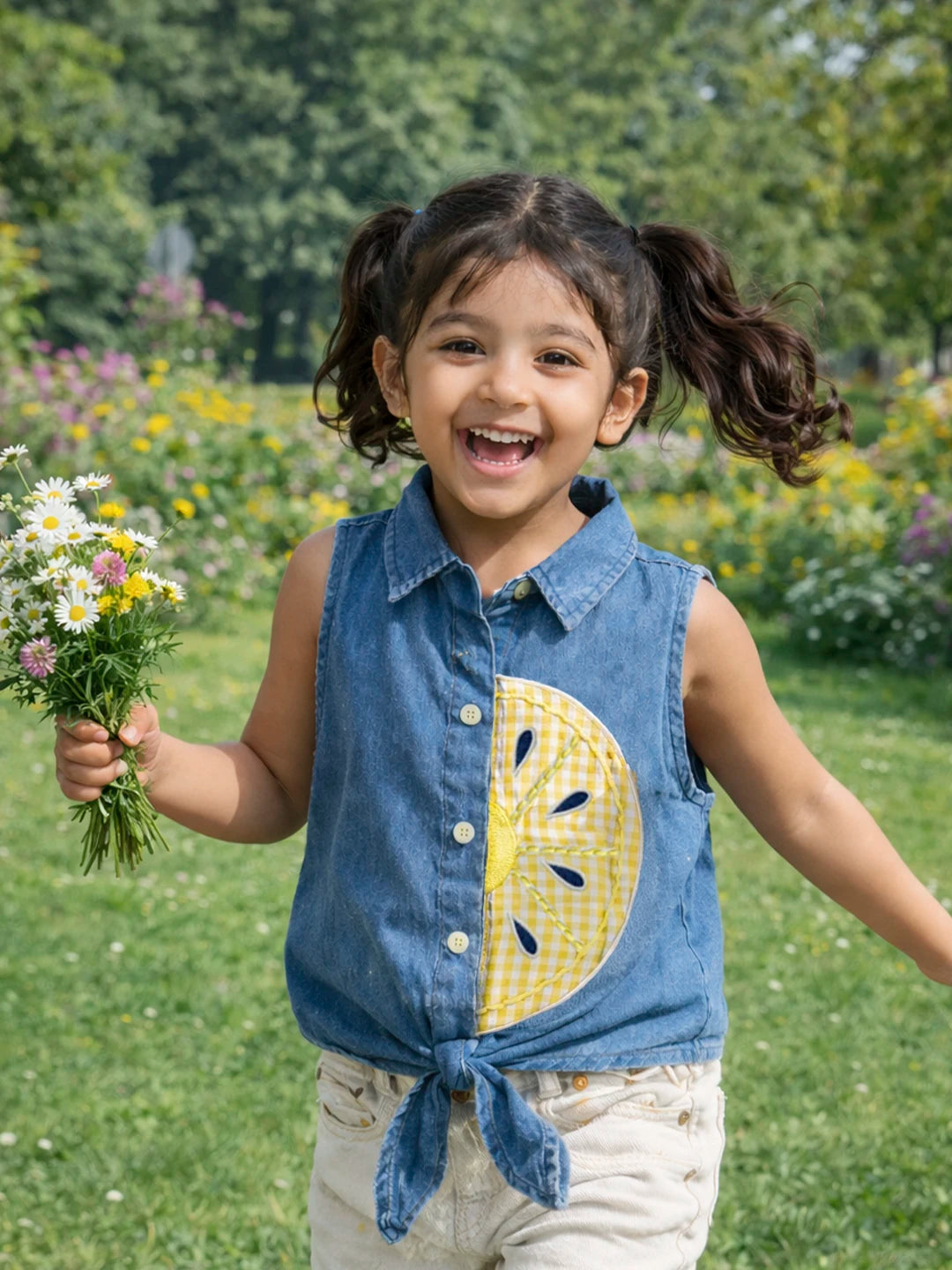 Denim Sleeveless Tie-Up Top with Lemon AppliquÃƒÂ©