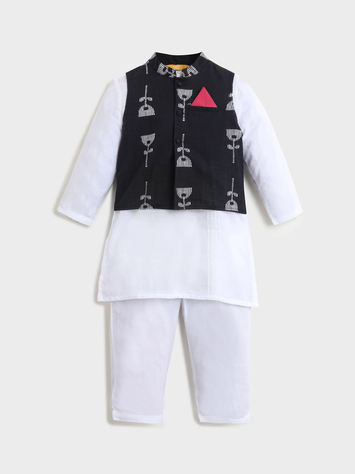 White Kurta Pajama With Black Jacket Set