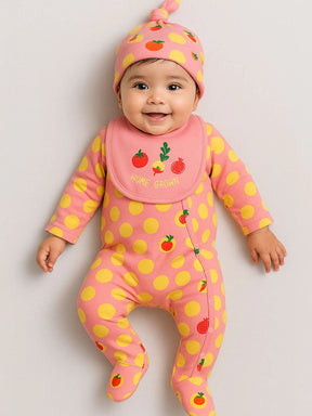 Home Grown Footed Cotton Sleepsuit with Cap & Bib- Pink