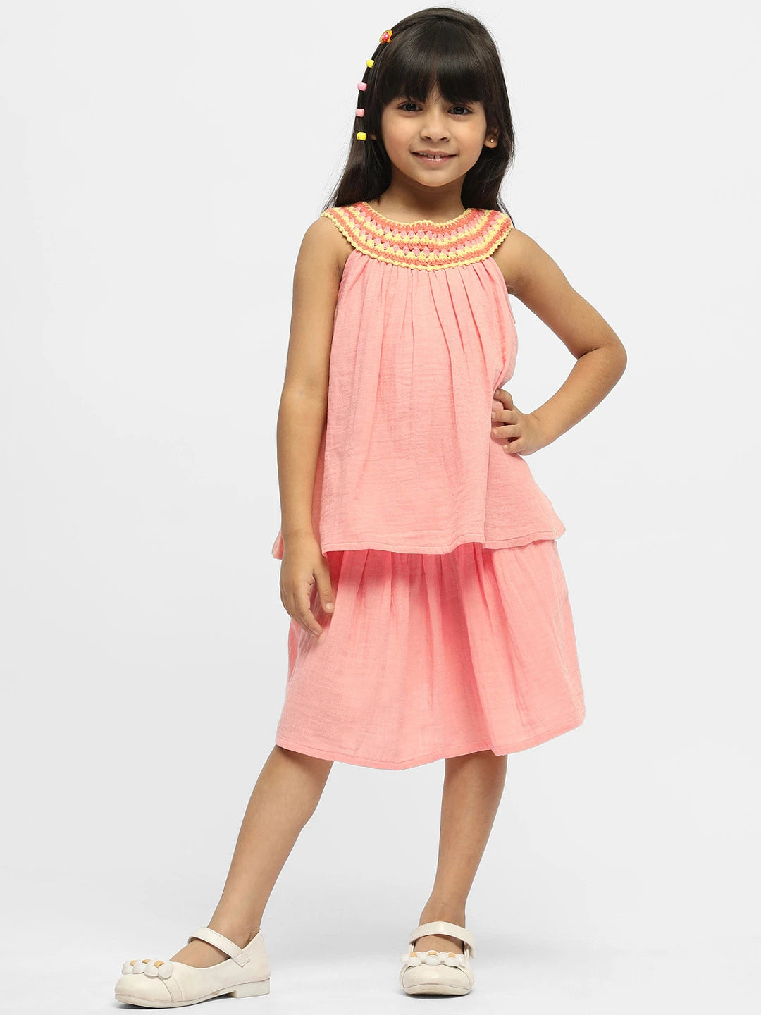 Coral Crocheted Cotton Top & Skirt Set