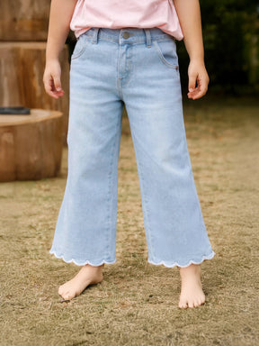 Light Blue Scallop Hem Denim Pants for Girls