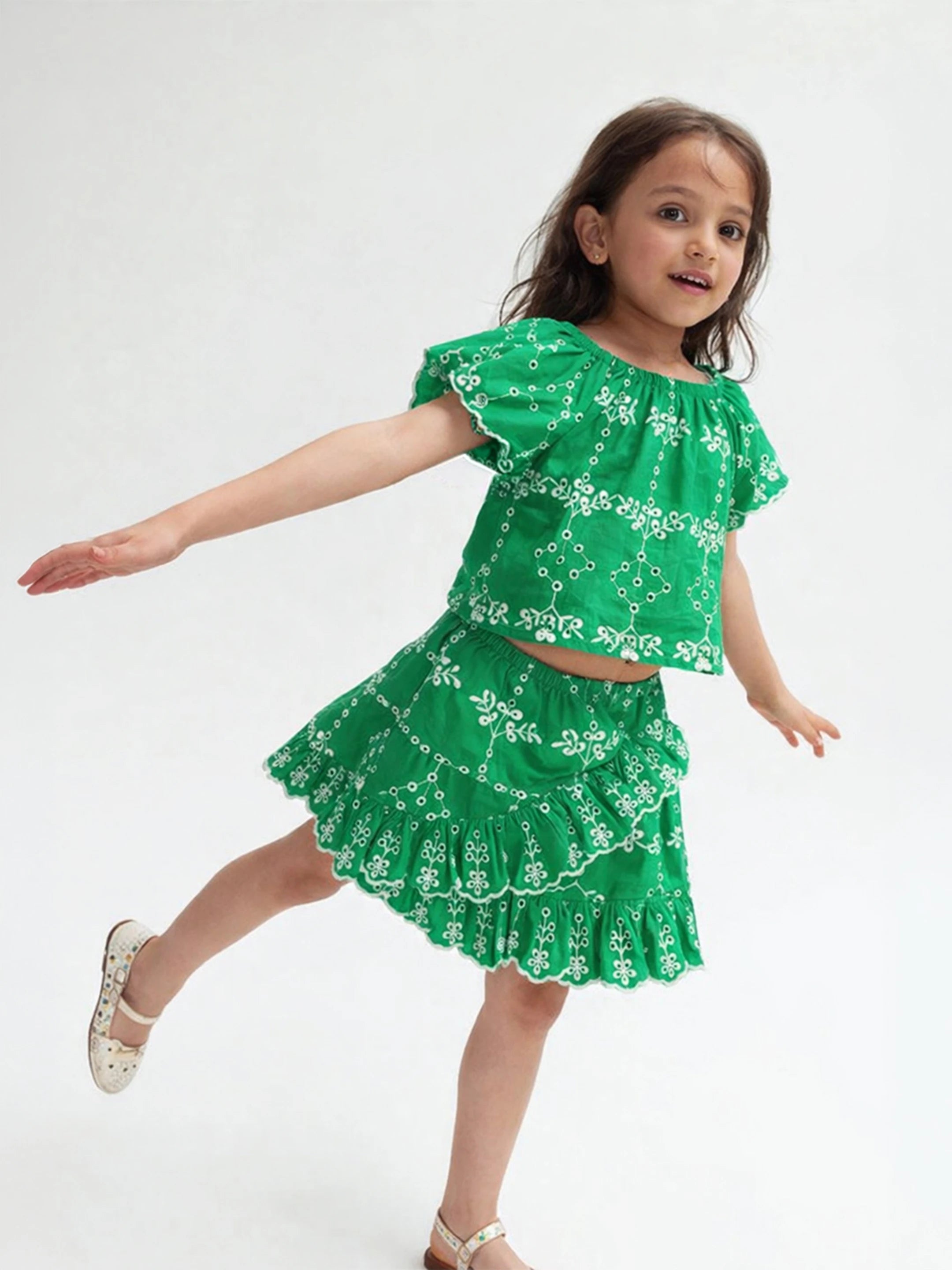 Green Schiffli Top and Skirt Set