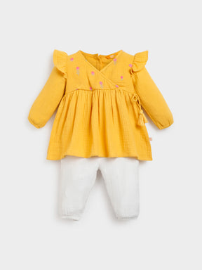 Yellow Embroidered Wrap Top Pant Set