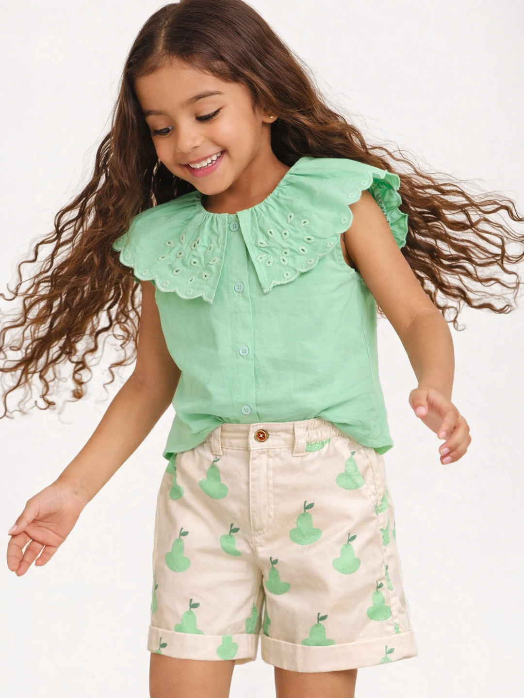 Mint Frill Collar Top & Pear Print Shorts Co-ord Set