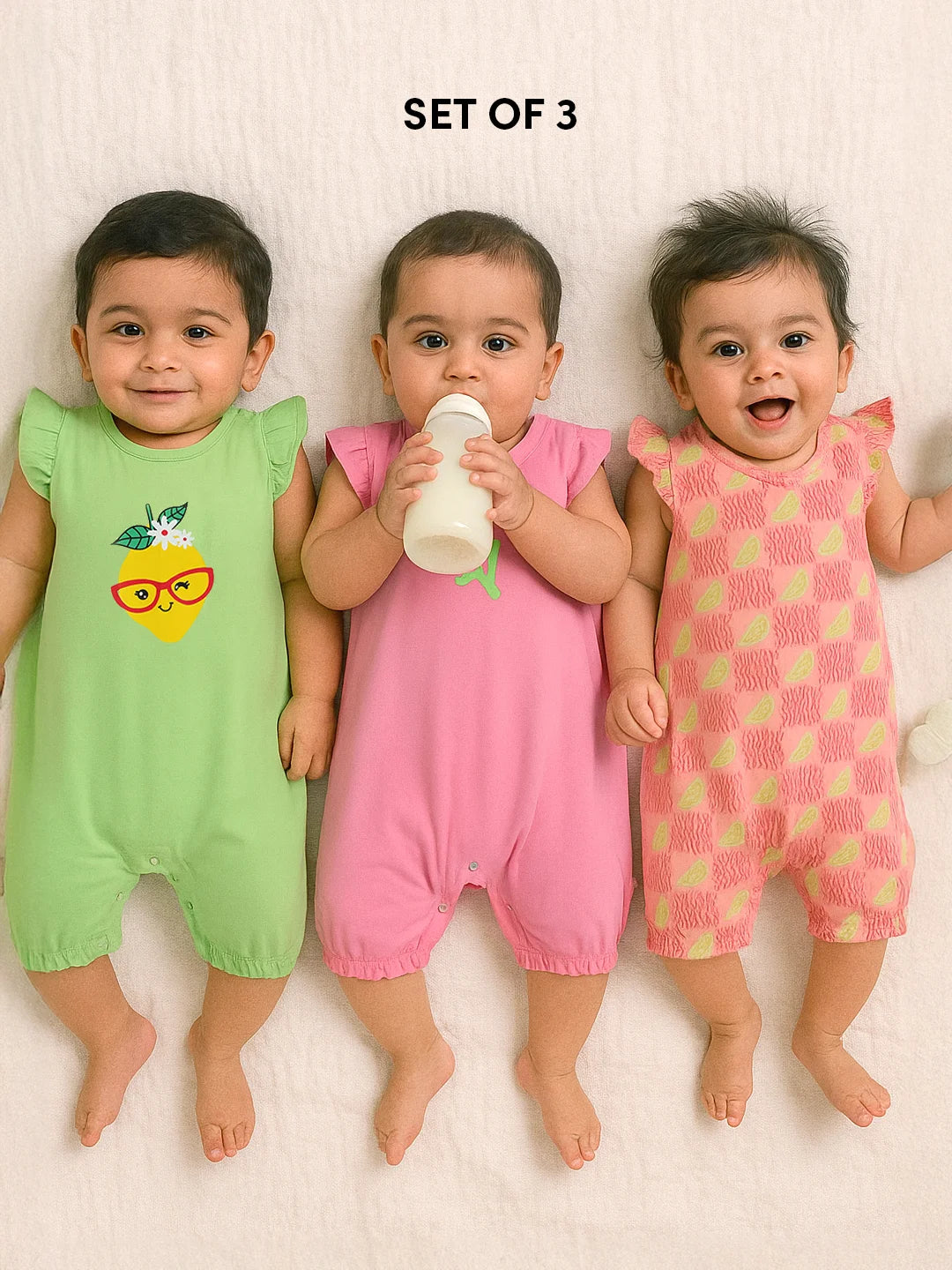 Very Zesty Printed Cotton Romper- Pack of 3