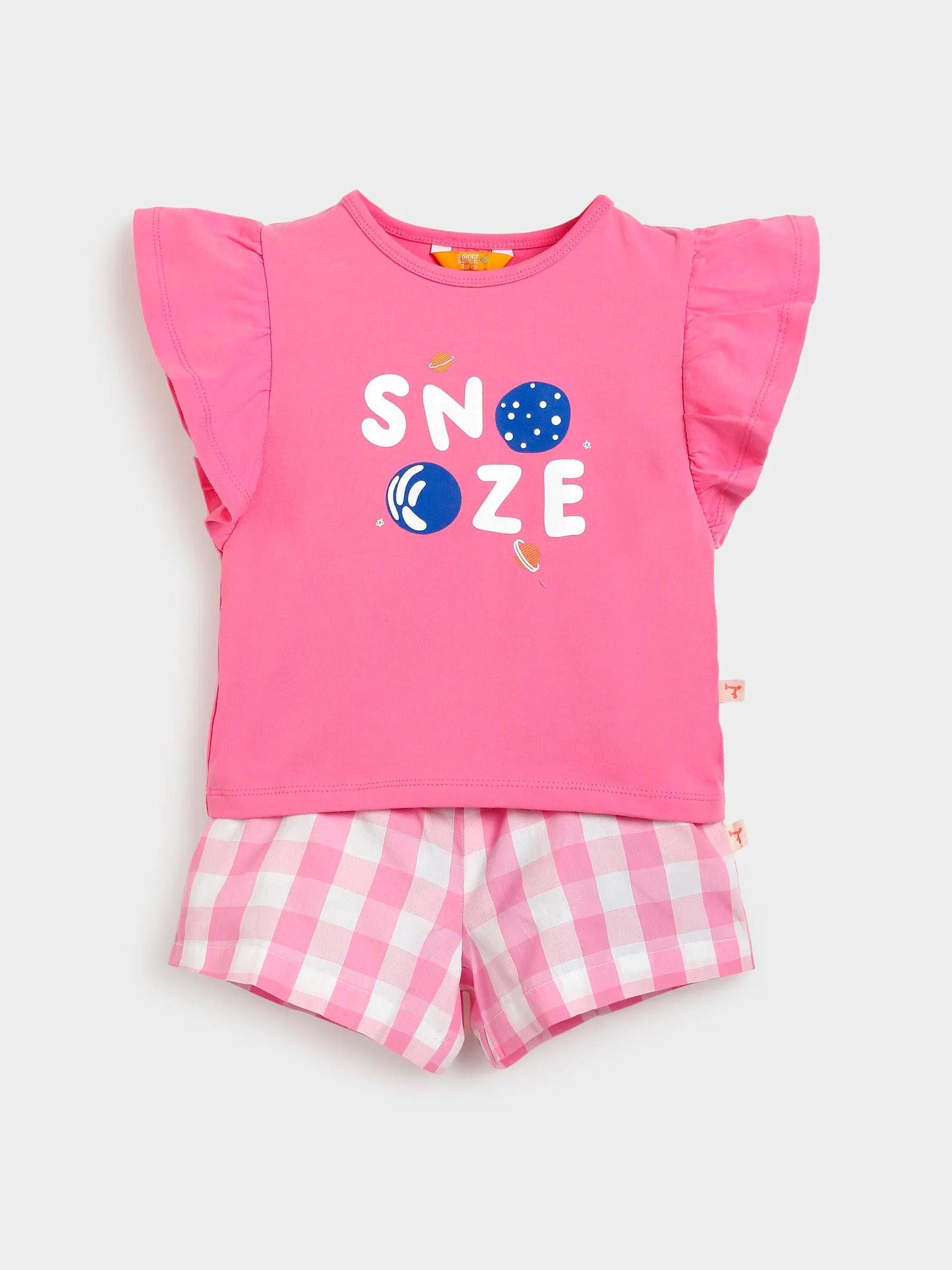 Snooze Pink Tee & Gingham Shorts Set