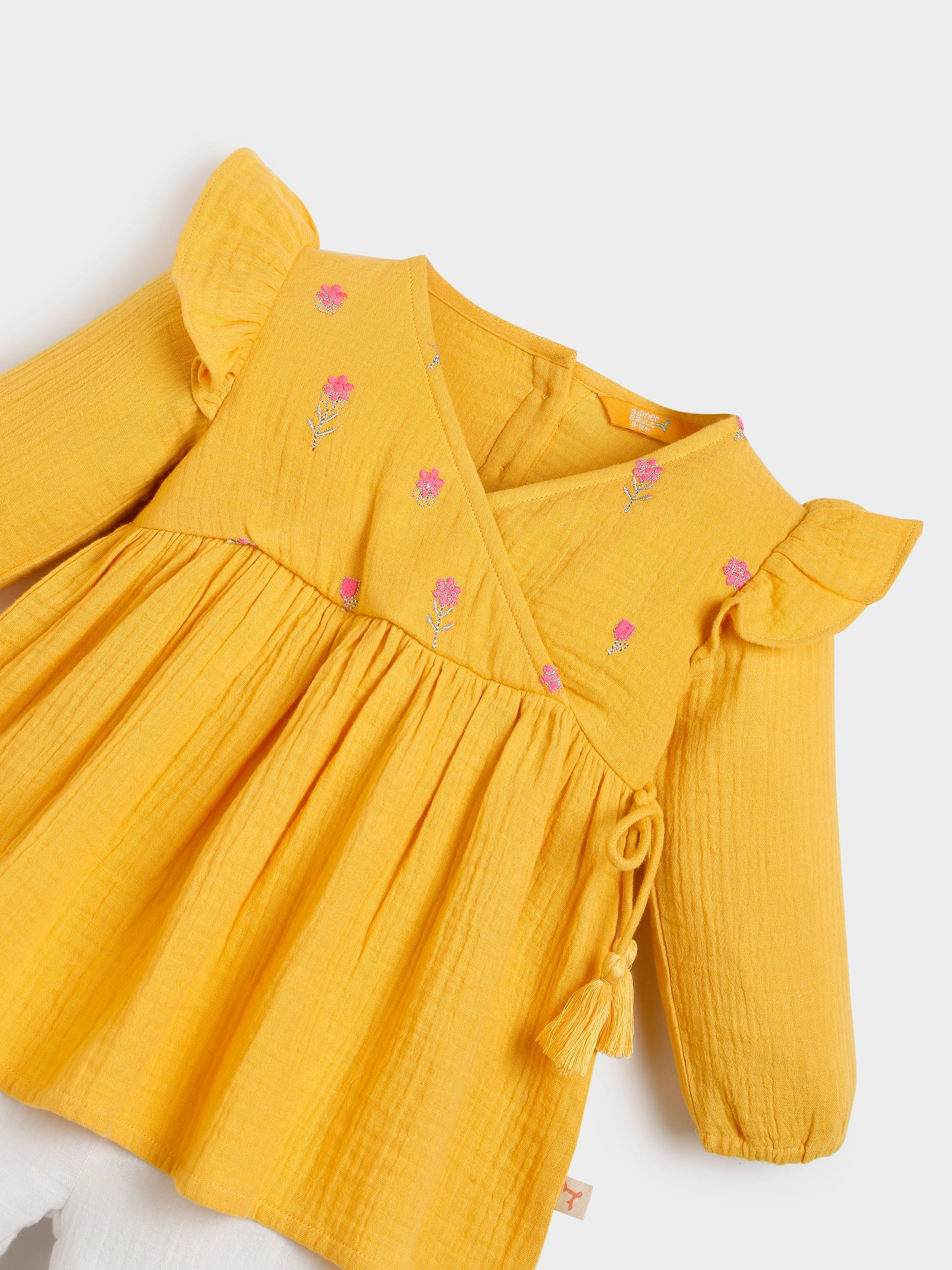 Yellow Embroidered Wrap Top Pant Set