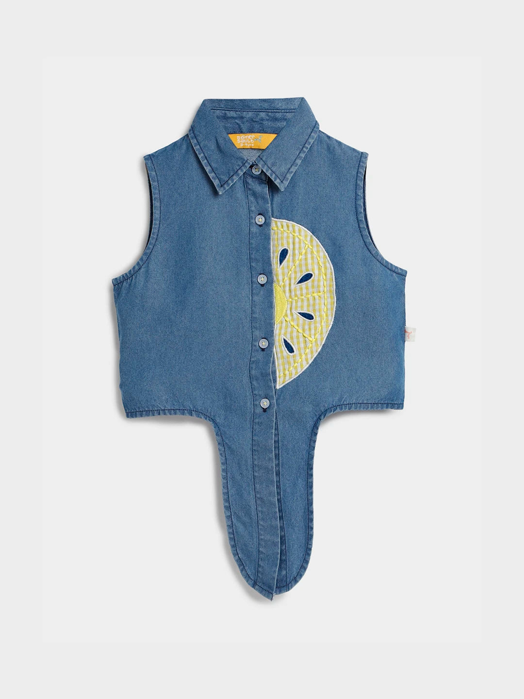 Denim Sleeveless Tie-Up Top with Lemon AppliquÃƒÂ©