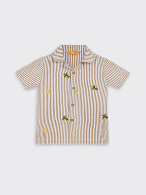 Beige Stripe Shirt with Palm Embroidery