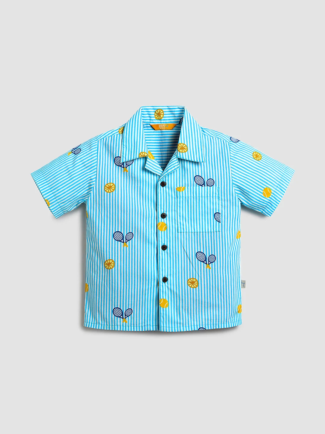 Boys Sky Blue Striped Tennis Print Shirt