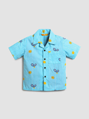 Boys Sky Blue Striped Tennis Print Shirt