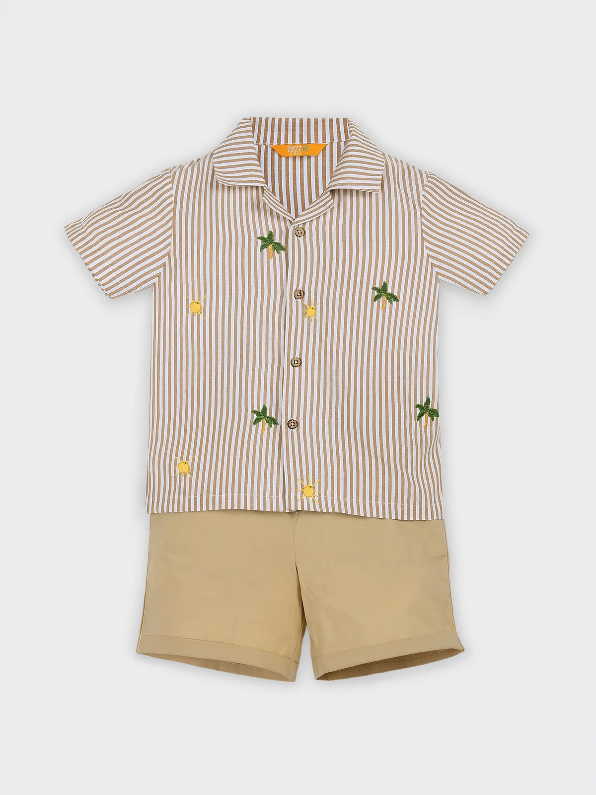 Beige Stripe Shirt & Shorts Boys Set with Palm Embroidery