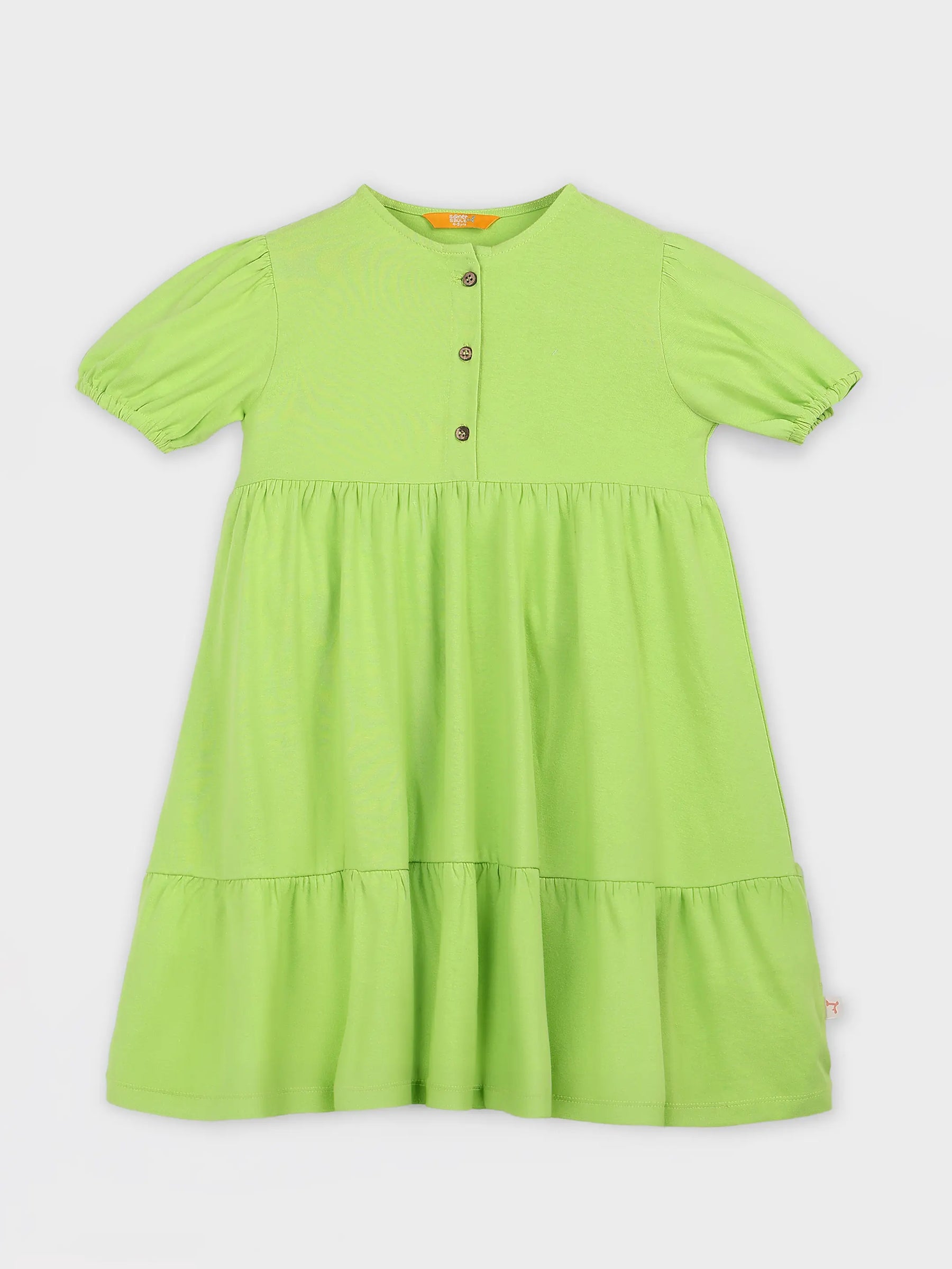Lime Green Cotton Tiered Dress with Puff Sleeves