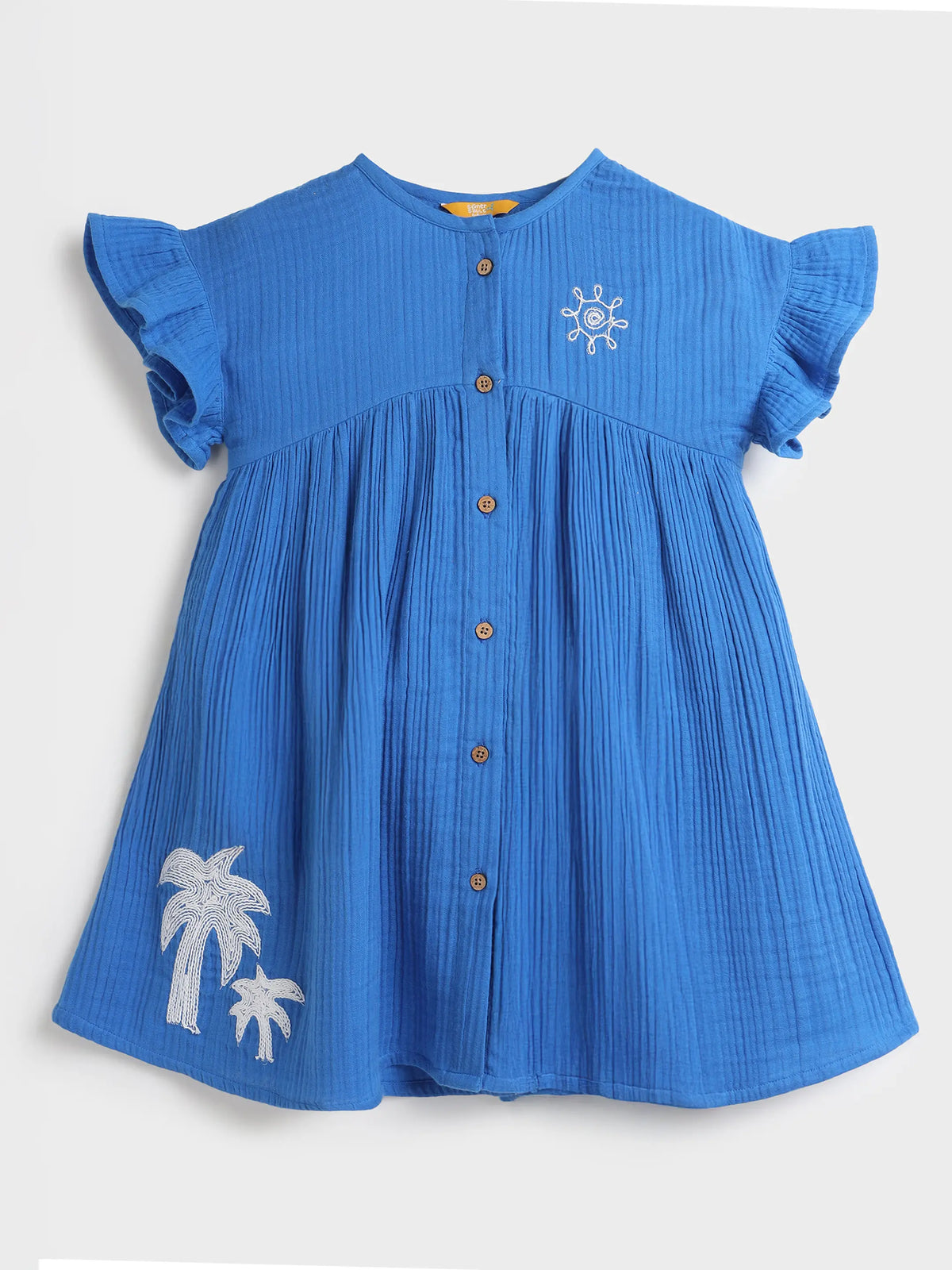 Girls’ Blue Palm Embroidered Flutter Sleeve Dress