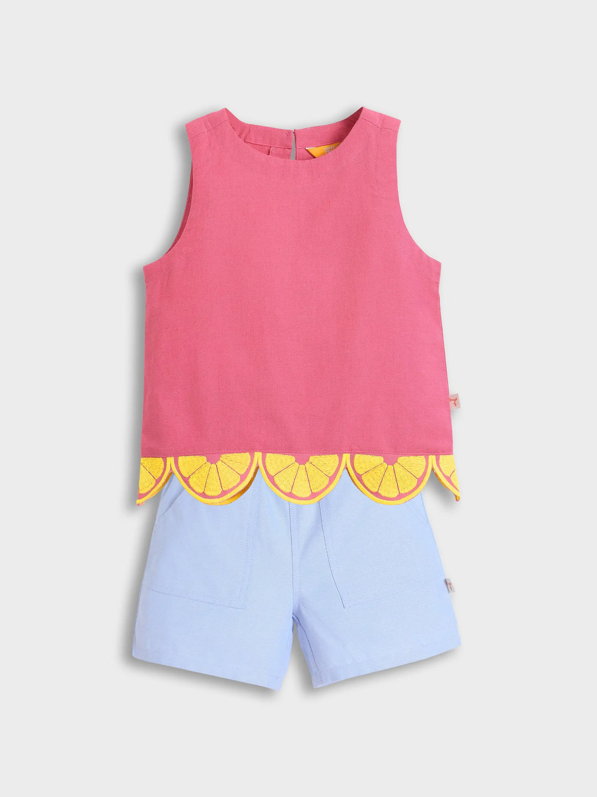 Pink Citrus Scallop Top & Paper Bag Shorts Set