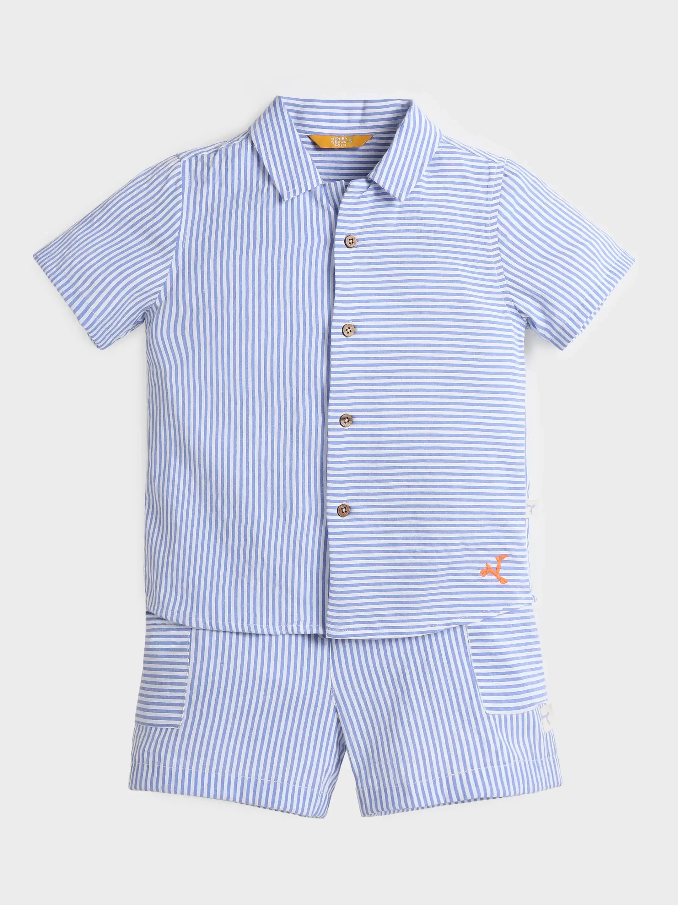 Sky Striped Cotton Shirt & Shorts Set