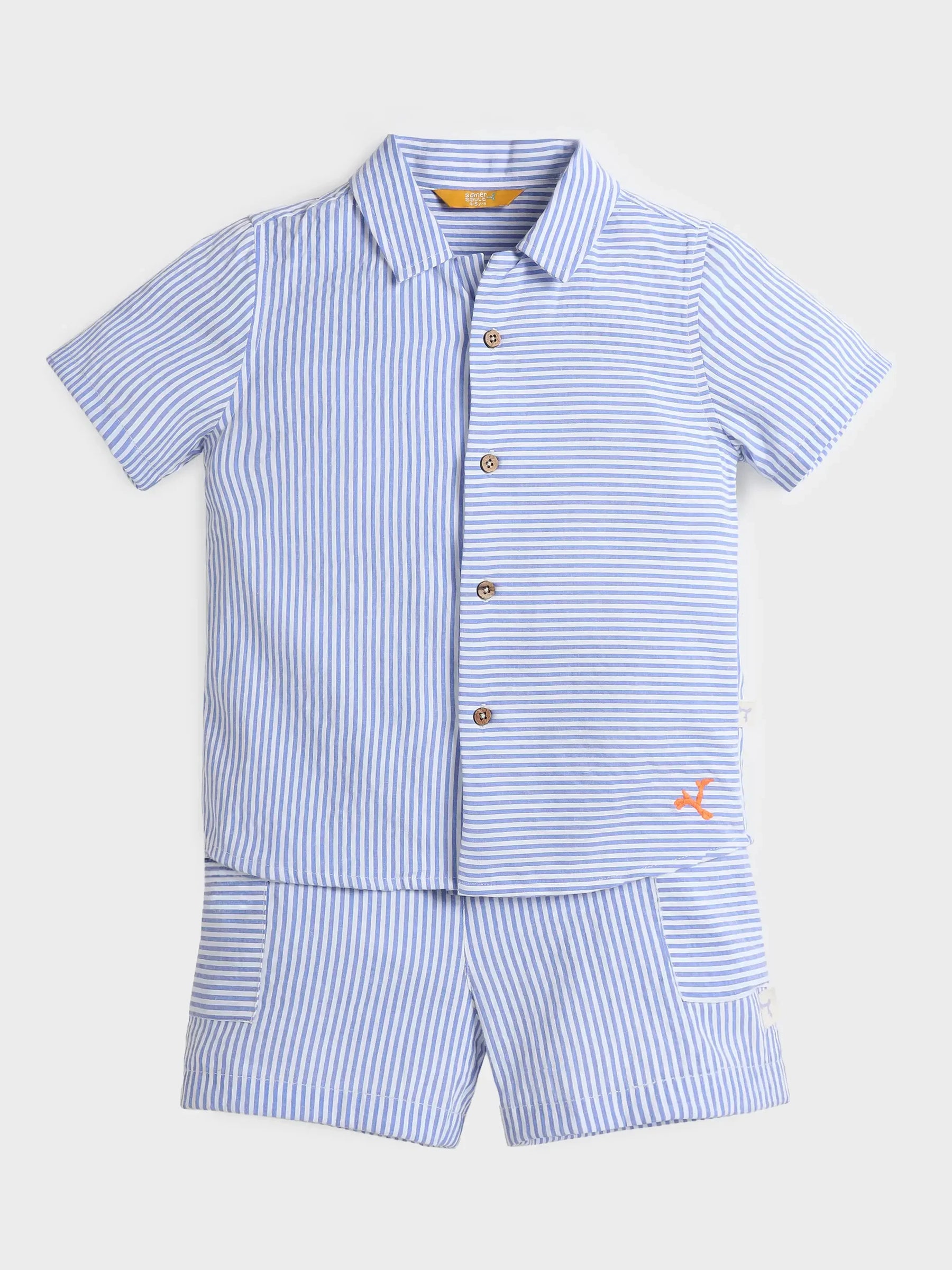 Sky Striped Cotton Shirt & Shorts Set