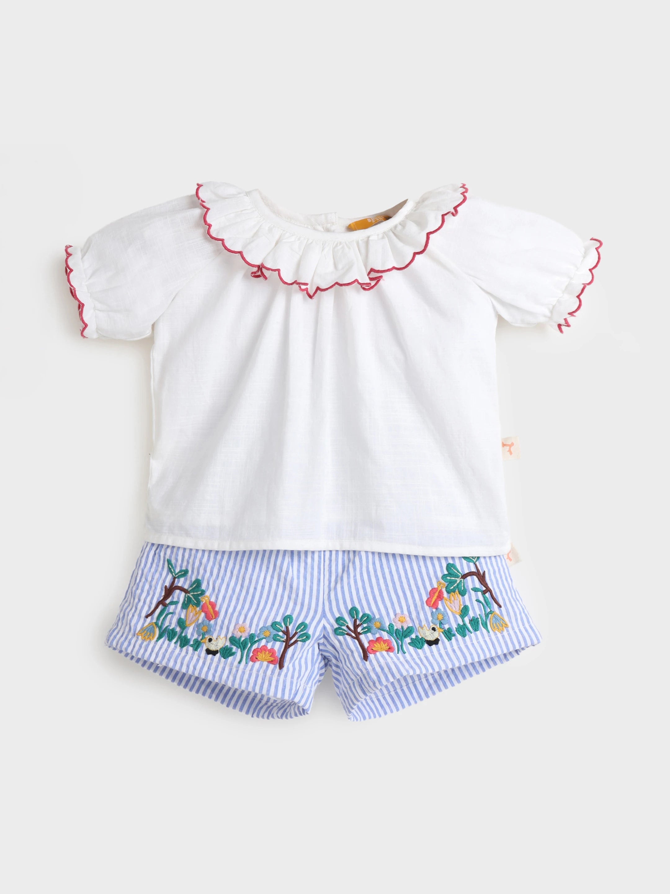 Frill Top and Embroidered Shorts Set