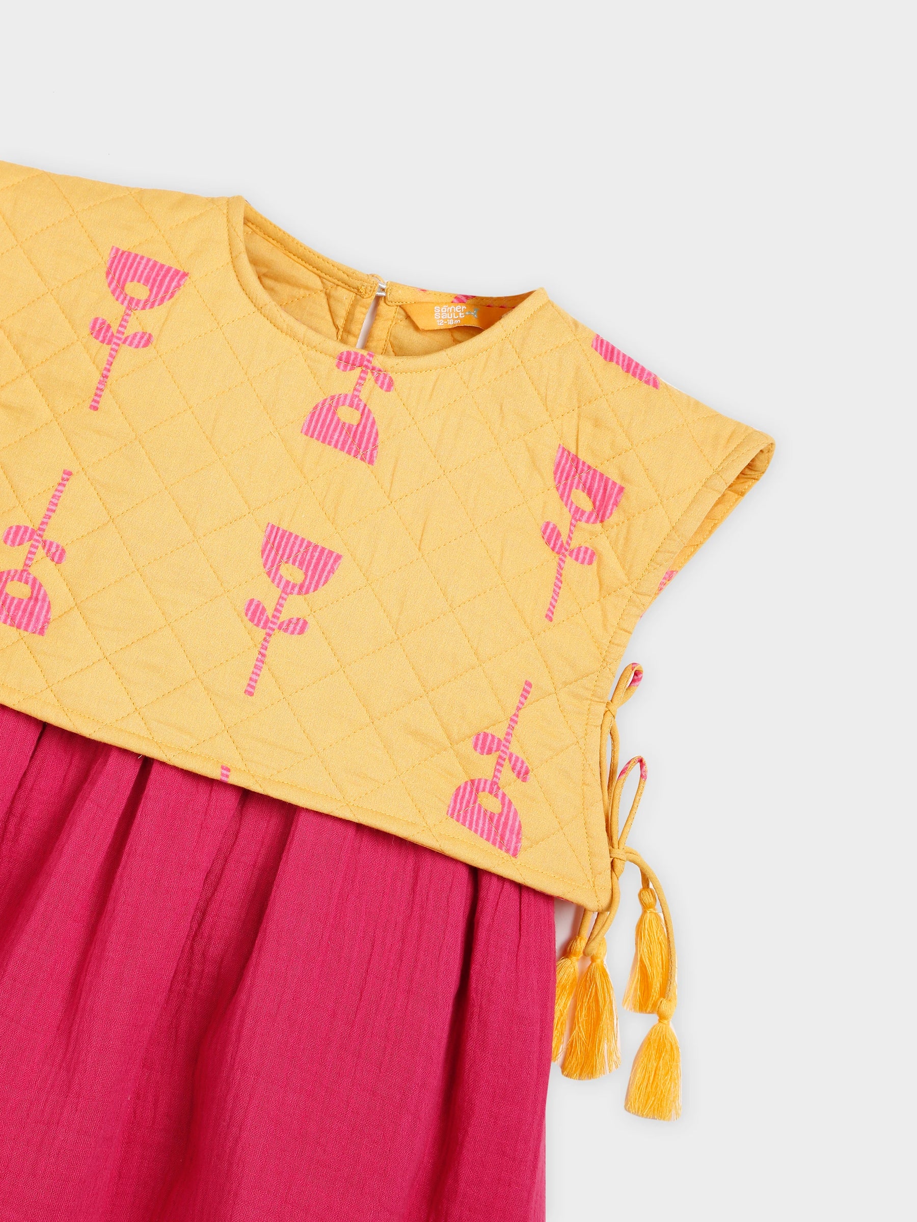 Solid Pink Dress with Quilted Yellow Jacket