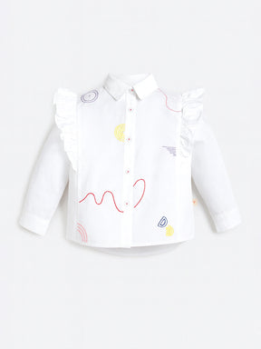 Ruffle Charm White Embroidered Cotton Shirt