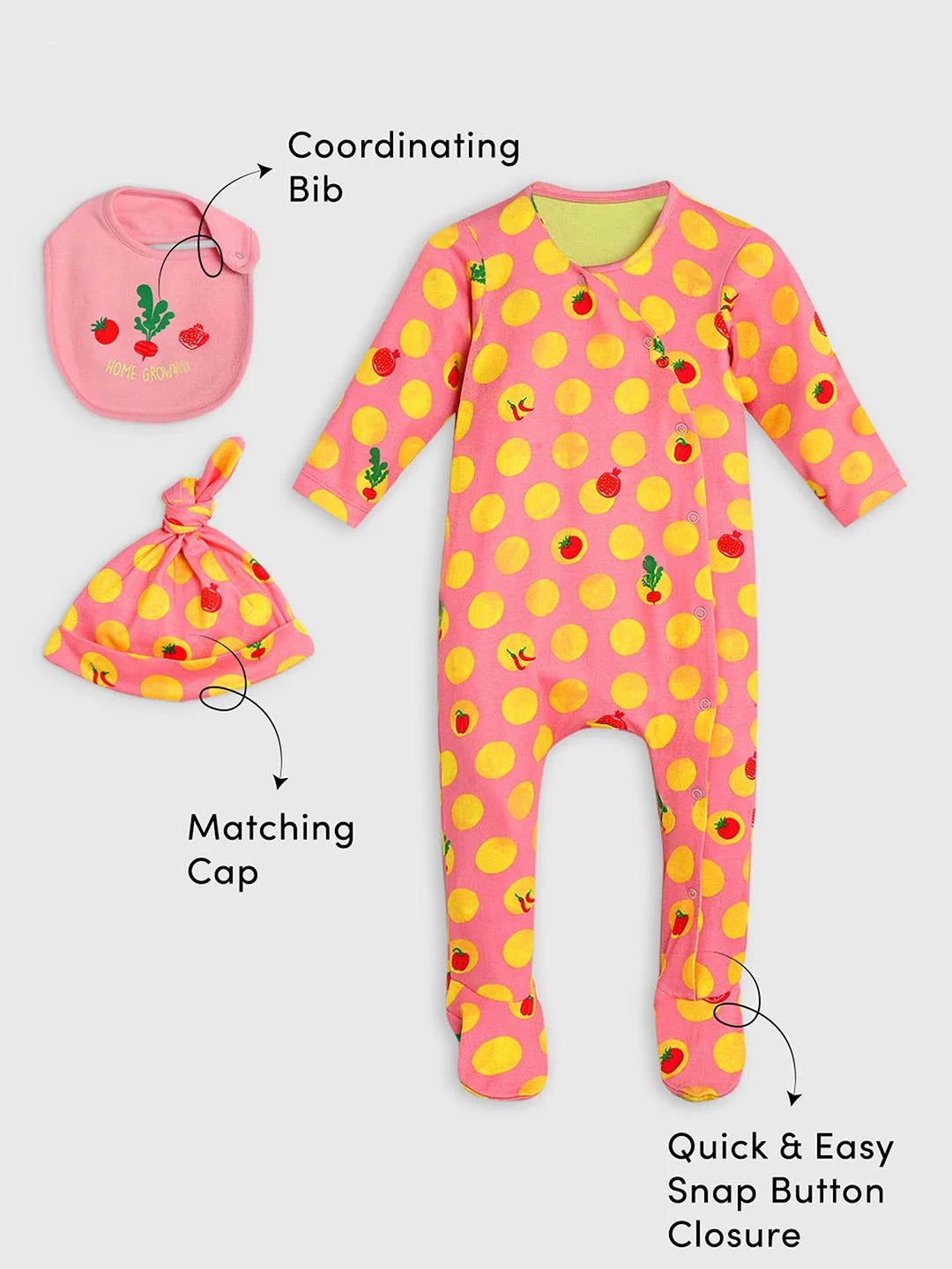 Cotton Sleepsuit with Cap & Bib