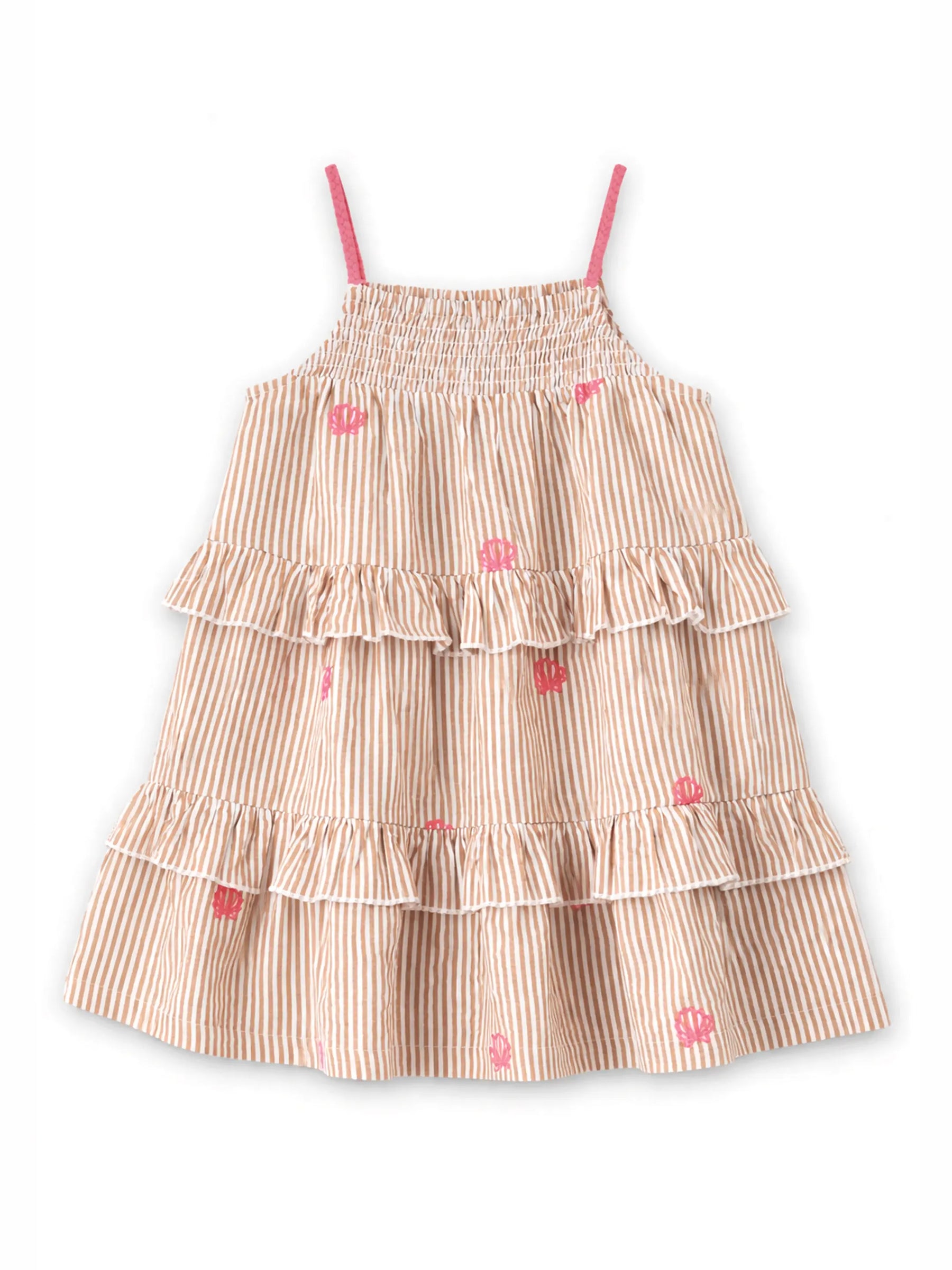 Peach Stripe Tiered Dress with Floral Embroidery