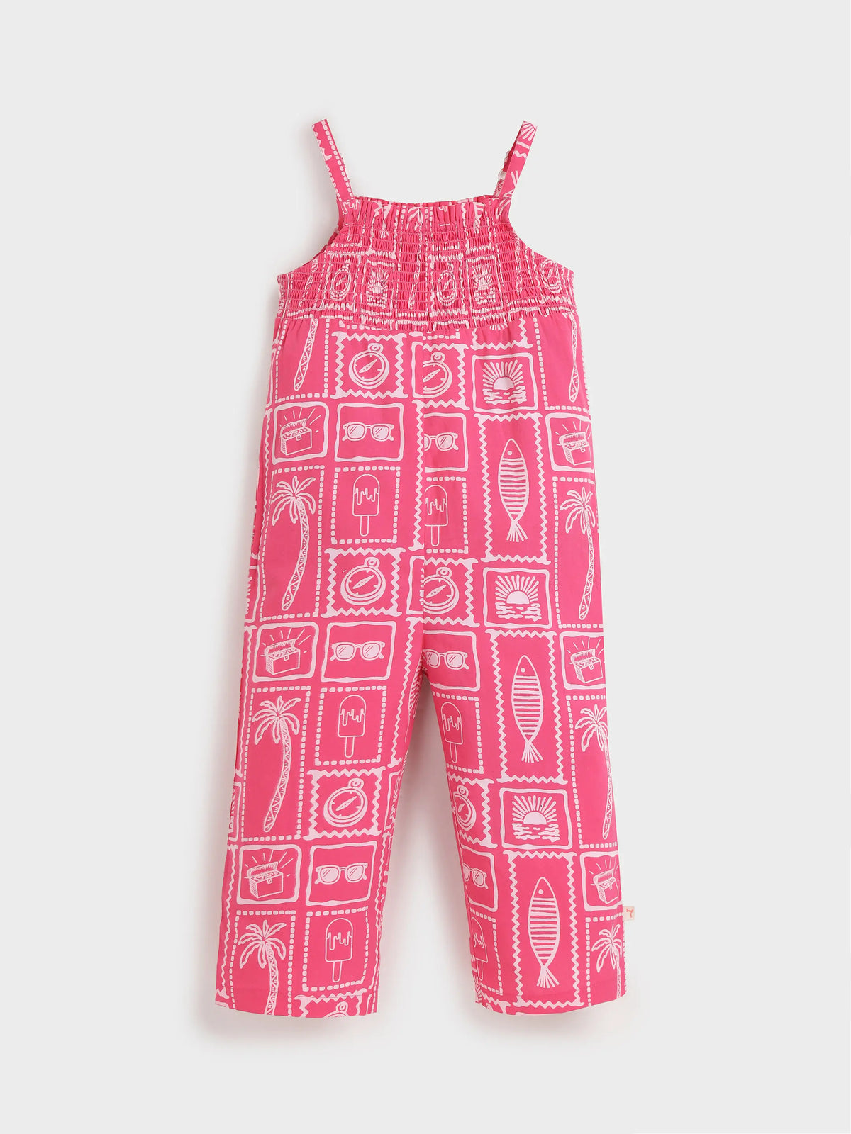 Girls’ Pink Printed Strap Jumpsuit